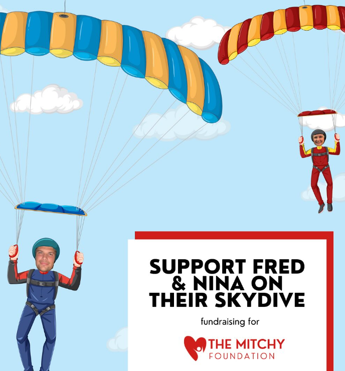 Illustrated poster of Nina and Freddy parachuting under colourful canopies in support of The Mitchy Foundation.